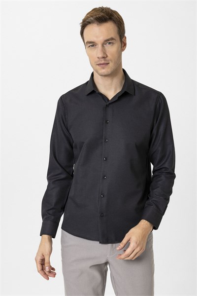 Siyah Slim Fit Armürlü Klasik Yaka Gömlek