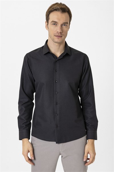 Siyah Slim Fit Armürlü Klasik Yaka Gömlek
