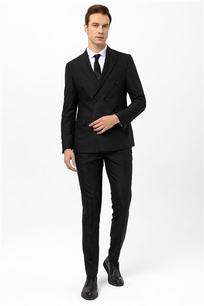 Siyah Slim Fit Armürlü Kruvaze Yaka 6 Drop Klasik Takım Elbise