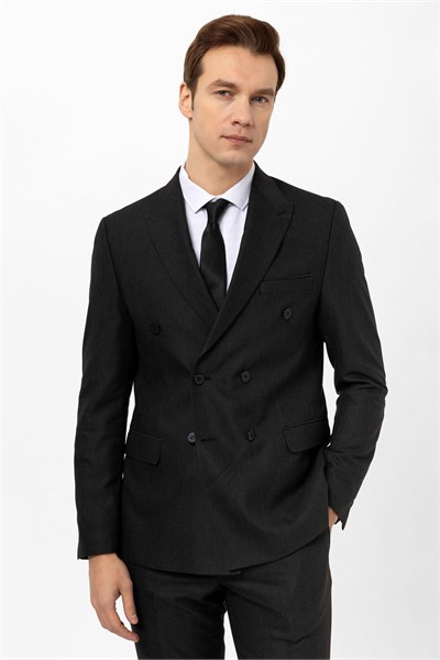 Siyah Slim Fit Armürlü Kruvaze Yaka 6 Drop Klasik Takım Elbise