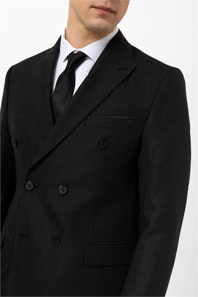 Siyah Slim Fit Armürlü Kruvaze Yaka 6 Drop Klasik Takım Elbise