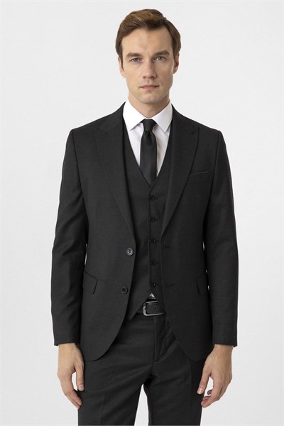 Siyah Slim Fit Armürlü Sivri Yaka 6 Drop Yelekli Klasik Takım Elbise
