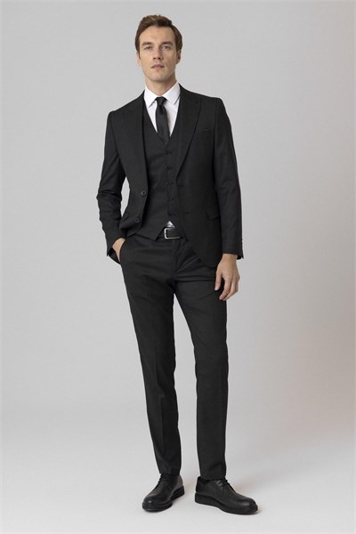 Siyah Slim Fit Armürlü Sivri Yaka 6 Drop Yelekli Klasik Takım Elbise