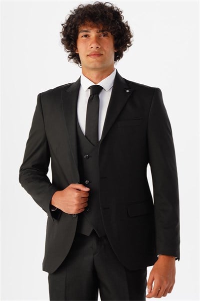 Siyah Slim Fit Armürlü Sivri Yaka 6 Drop Yelekli Klasik Takım Elbise