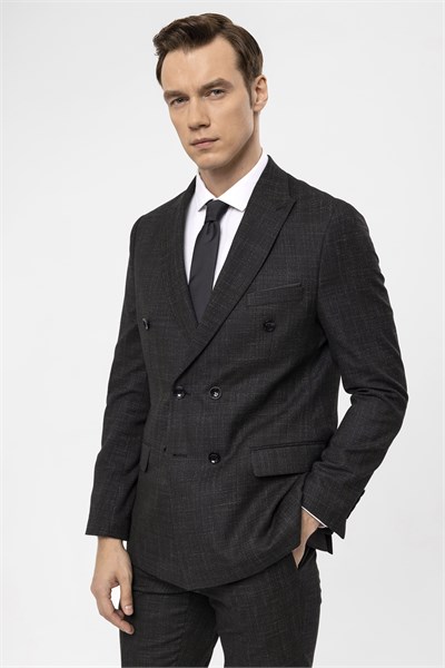 Siyah Slim Fit Armürlü Sivri Yaka 6 Drop Klasik Takım Elbise