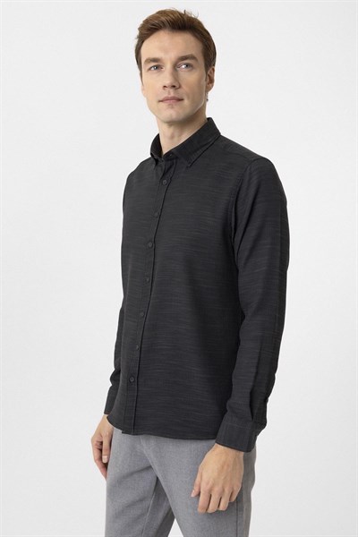 Siyah Slim Fit Desenli Düğmeli Yaka Gömlek
