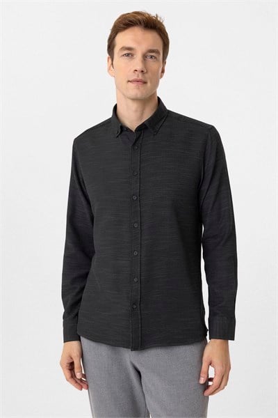 Siyah Slim Fit Desenli Düğmeli Yaka Gömlek
