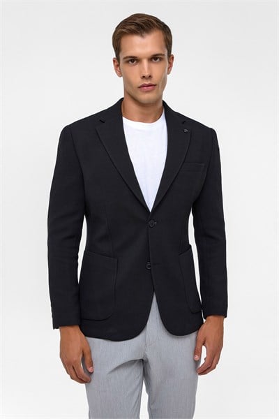 Siyah Slim Fit Desenli Mono Yaka 6 Drop Ceket