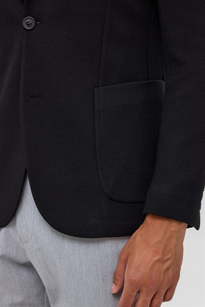 Siyah Slim Fit Desenli Mono Yaka 6 Drop Ceket