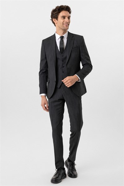 Siyah Slim Fit Desenli Mono Yaka 6 Drop Yelekli Klasik Takım Elbise