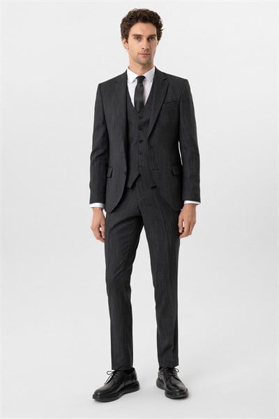 Siyah Slim Fit Desenli Mono Yaka 6 Drop Yelekli Klasik Takım Elbise