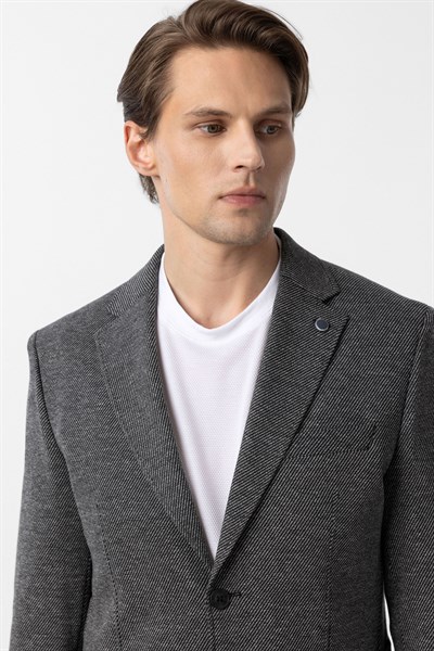 Siyah Slim Fit Desenli Mono Yaka 6 Drop Ceket