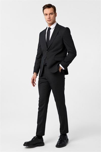 Siyah Slim Fit Desenli Mono Yaka 6 Drop Klasik Takım Elbise
