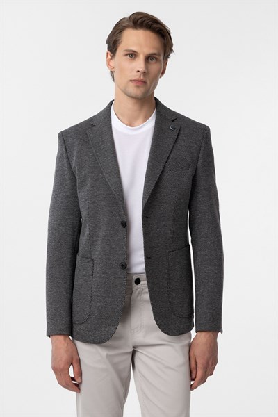 Siyah Slim Fit Desenli Mono Yaka 6 Drop Ceket