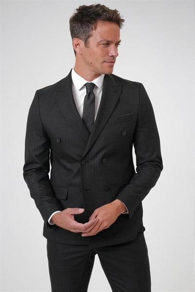 Siyah Slim Fit Desenli Sivri Yaka 6 Drop Klasik Takım Elbise