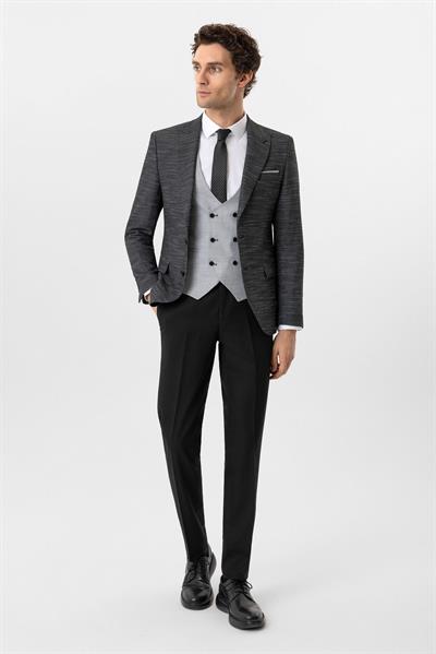 Siyah Slim Fit Desenli Sivri Yaka 6 Drop Yelekli Klasik Takım Elbise
