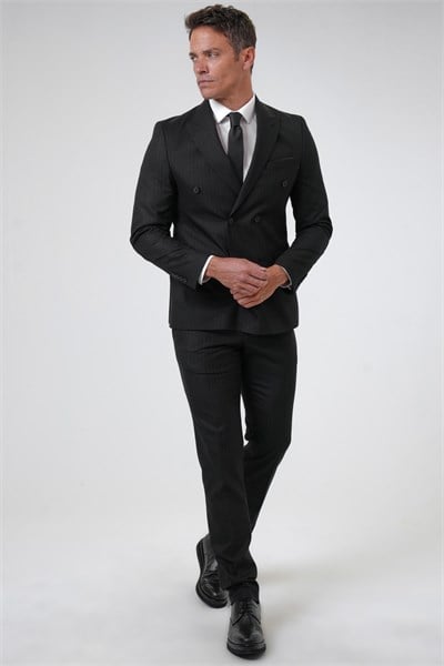 Siyah Slim Fit Desenli Sivri Yaka 6 Drop Klasik Takım Elbise