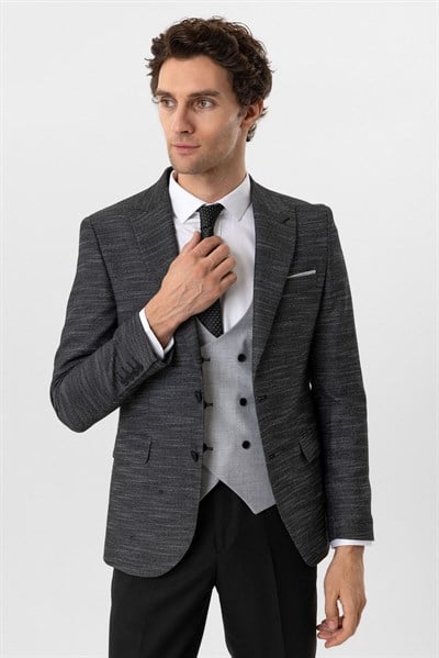 Siyah Slim Fit Desenli Sivri Yaka 6 Drop Yelekli Klasik Takım Elbise