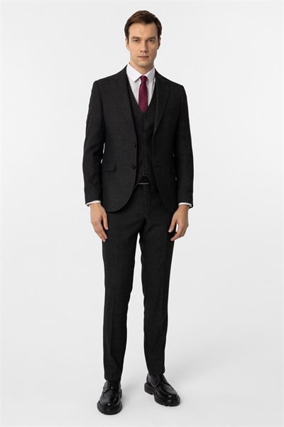 Siyah Slim Fit Desenli Sivri Yaka 6 Drop Yelekli Klasik Takım Elbise