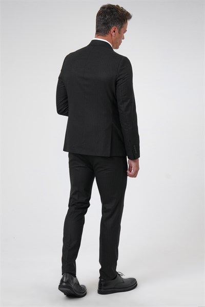 Siyah Slim Fit Desenli Sivri Yaka 6 Drop Klasik Takım Elbise