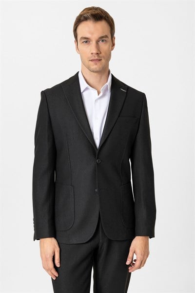Siyah Slim Fit Desenli Sivri Yaka 6 Drop Spor Takım Elbise