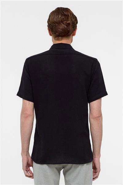 Siyah Slim Fit Düz Apaş Yaka Gömlek