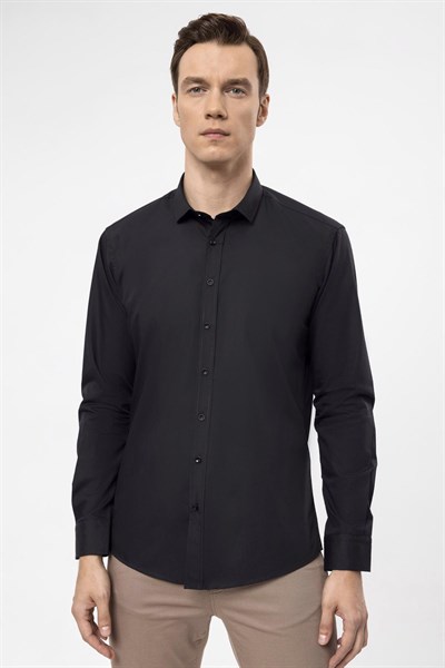 Siyah Slim Fit Düz Klasik Yaka Gömlek