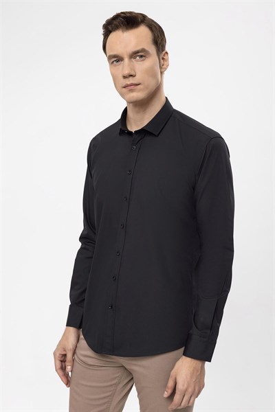 Siyah Slim Fit Düz Klasik Yaka Gömlek