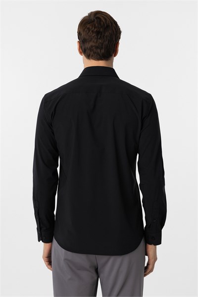 Siyah Slim Fit Düz Klasik Yaka Gömlek