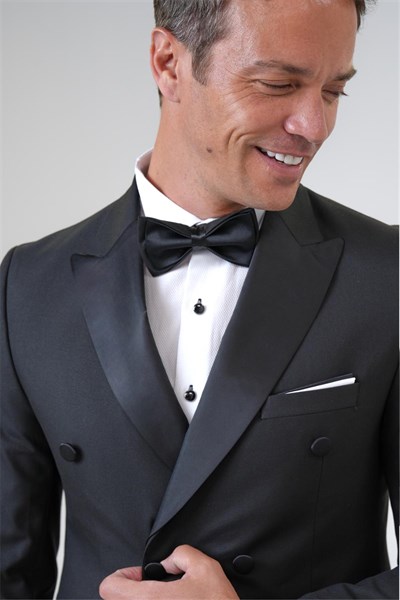 Siyah Slim Fit Düz Kruvaze Yaka 6 Drop Smokin & Damatlık