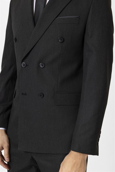 Siyah Slim Fit Düz Kruvaze Yaka 6 Drop Klasik Takım Elbise