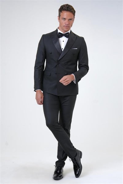 Siyah Slim Fit Düz Kruvaze Yaka 6 Drop Smokin & Damatlık