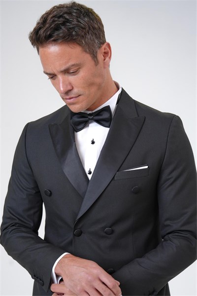 Siyah Slim Fit Düz Kruvaze Yaka 6 Drop Smokin & Damatlık