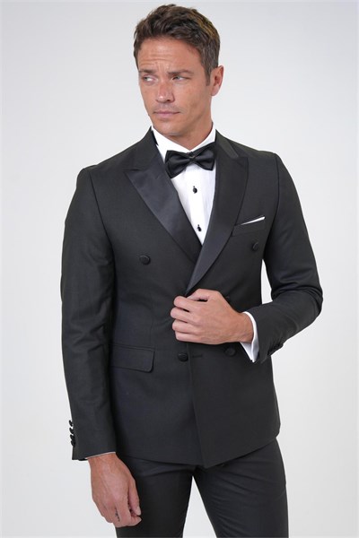 Siyah Slim Fit Düz Kruvaze Yaka 6 Drop Smokin & Damatlık