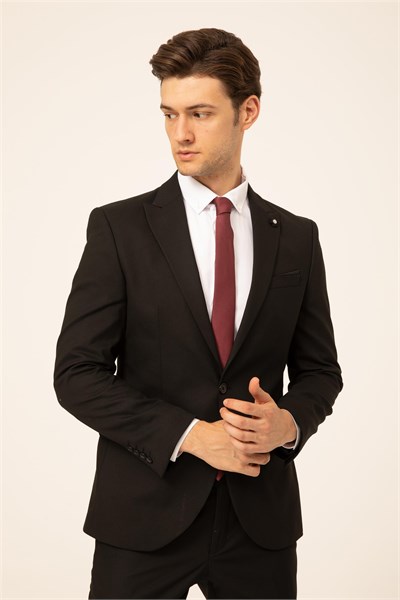 Siyah Slim Fit Düz Sivri Yaka 6 Drop Klasik Takım Elbise