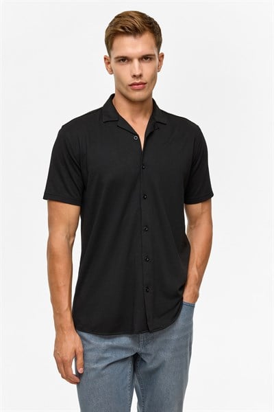Siyah Slim Fitilli Apaş Yaka Gömlek