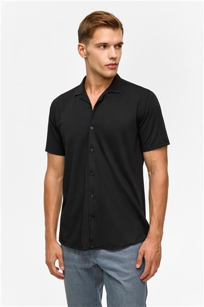 Siyah Slim Fitilli Apaş Yaka Gömlek