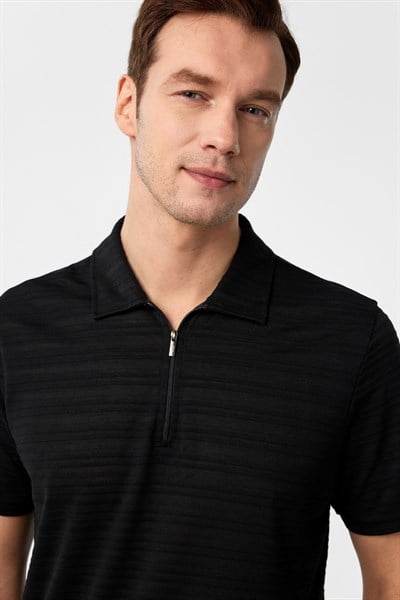 Siyah Slim Fitilli Polo Yaka Tişört