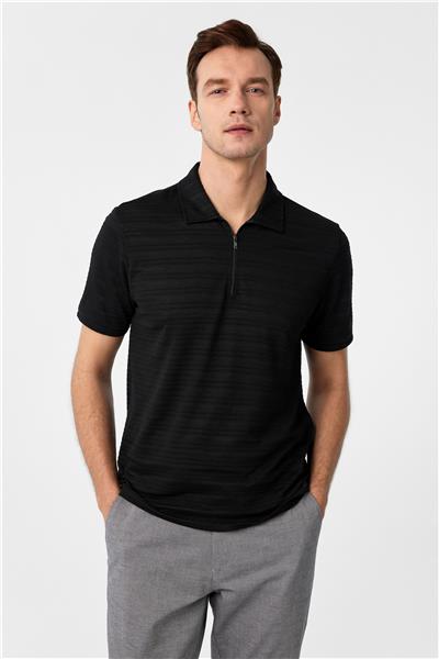 Siyah Slim Fitilli Polo Yaka Tişört