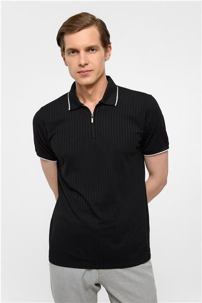 Siyah Slim Fitilli Polo Yaka Tişört
