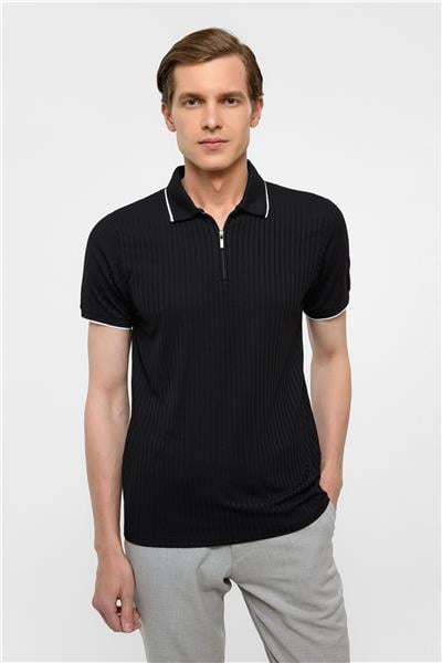 Siyah Slim Fitilli Polo Yaka Tişört