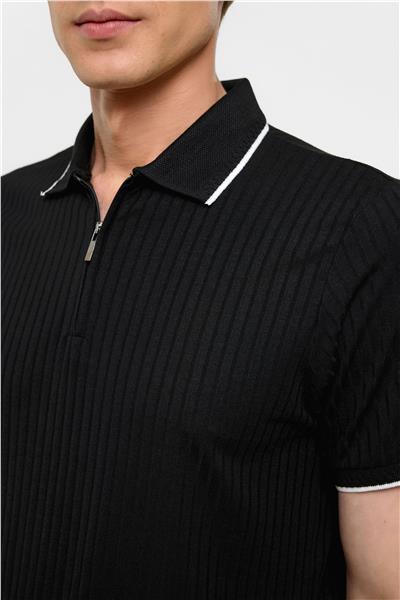 Siyah Slim Fitilli Polo Yaka Tişört