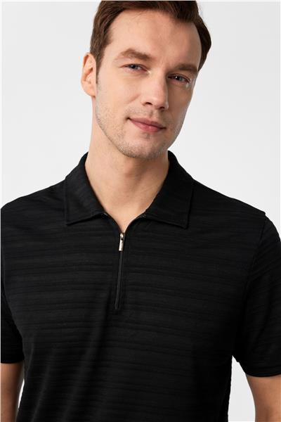 Siyah Slim Fitilli Polo Yaka Tişört