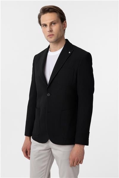 Siyah Slim Fitilli Sivri Yaka 6 Drop Ceket