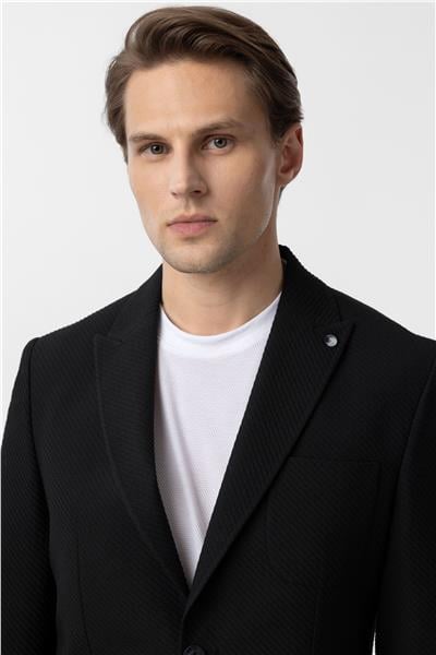 Siyah Slim Fitilli Sivri Yaka 6 Drop Ceket