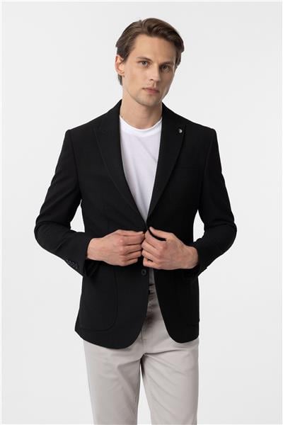 Siyah Slim Fitilli Sivri Yaka 6 Drop Ceket