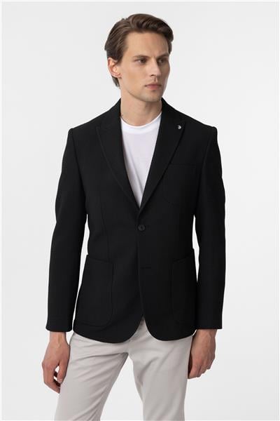 Siyah Slim Fitilli Sivri Yaka 6 Drop Ceket