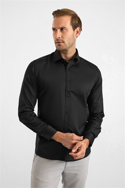 Siyah Slim Klasik Yaka Düz Casual Gömlek