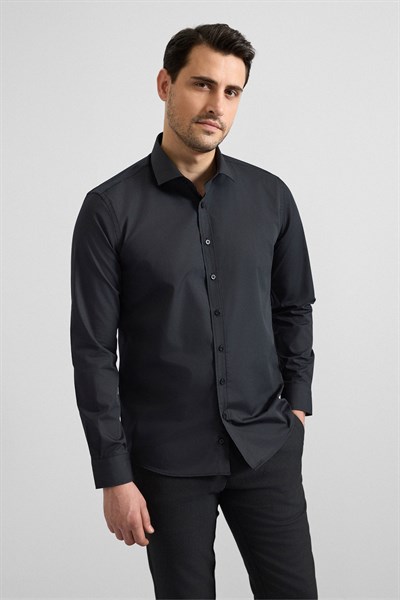Siyah Slim Klasik Yaka Düz Klasik Gömlek