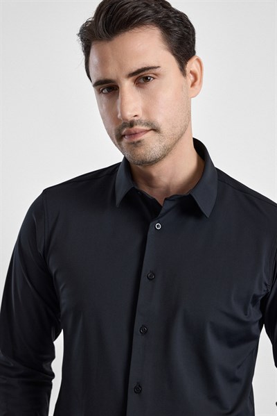 Siyah Slim Klasik Yaka Düz Uzun Kollu Casual Gömlek